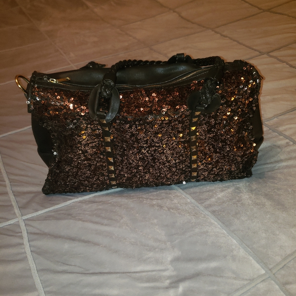 Sparkly Dark Brown Shoulder Bag with Rectangular Shape and Green Straps